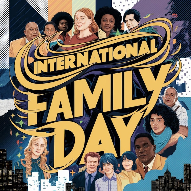 um cartaz para o Dia Internacional da Família com um fundo azul que diz Dia Internacional