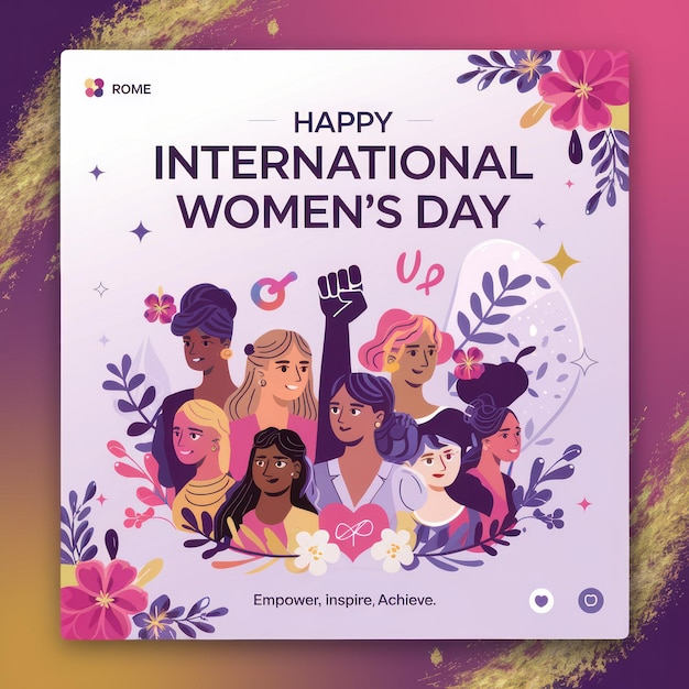um cartaz para o Dia Internacional da Mulher é exibido em um fundo rosa