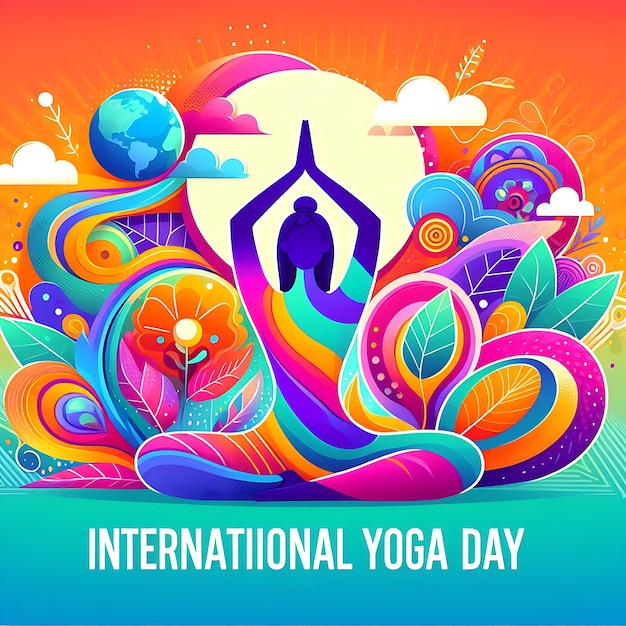 Foto um cartaz para o dia internacional do yoga com um fundo colorido com um design de um tapete de yoga