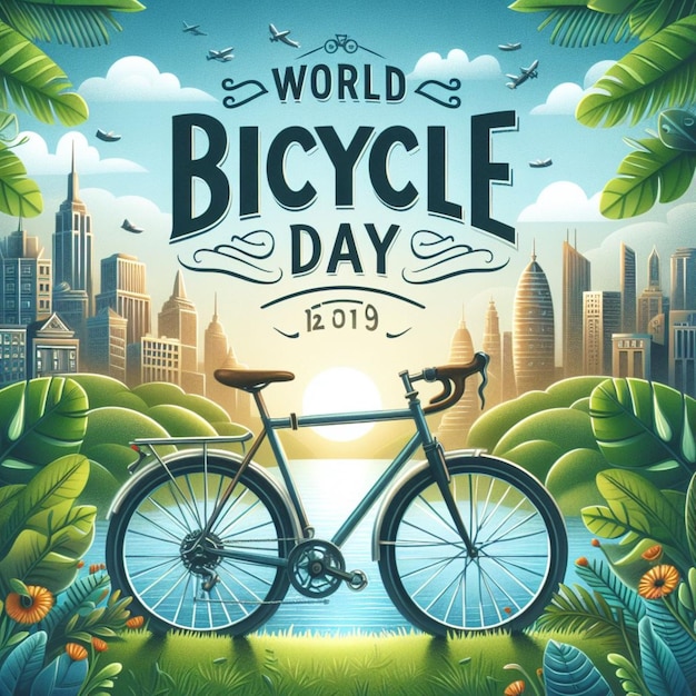 Foto um cartaz para o dia mundial da bicicleta com uma bicicleta nele