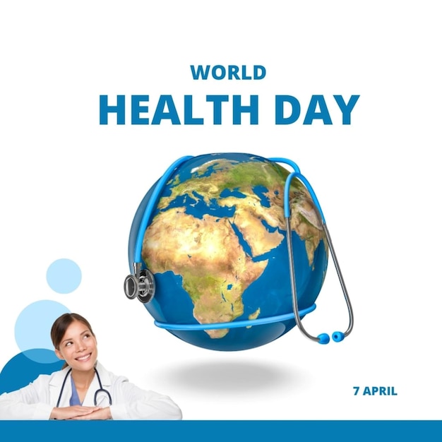 um cartaz para o Dia Mundial da Saúde com uma mulher em uma bata de laboratório