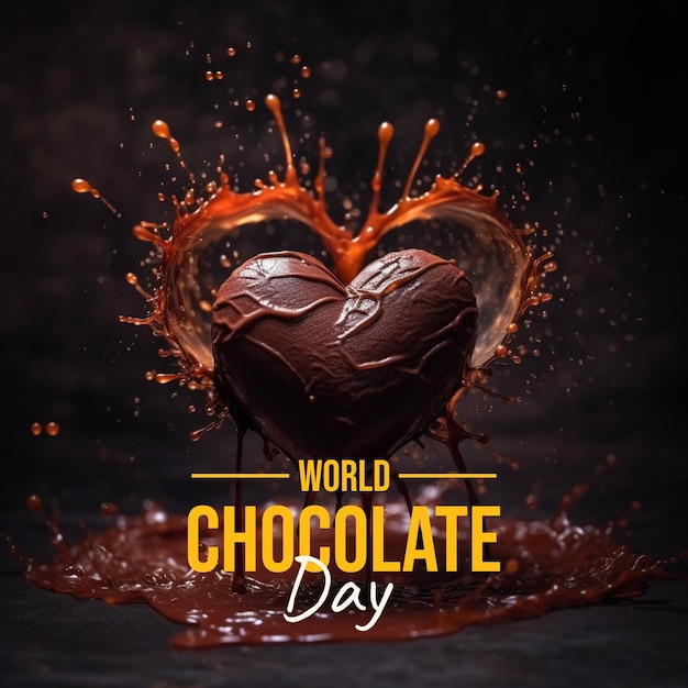 Um cartaz para o dia mundial do chocolate com um toque de chocolate em forma de coração.