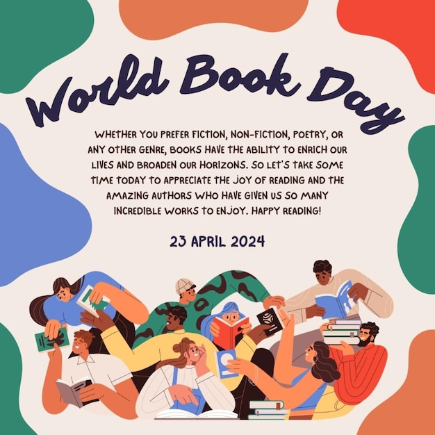 um cartaz para o Dia Mundial do Livro com pessoas sentadas em um sofá