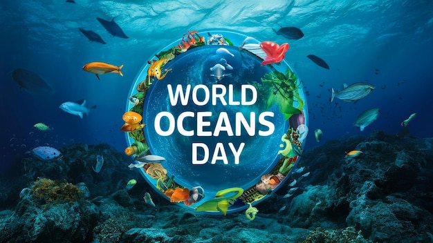 um cartaz para o Dia Mundial dos Oceanos com um círculo de peixes e as palavras Dia Mundial dos Océanos