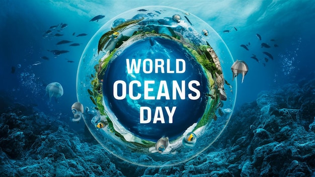 Foto um cartaz para o dia mundial dos oceanos com um mundo de oceanos
