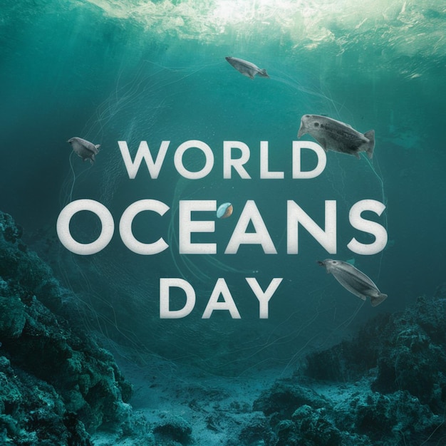 um cartaz para o Dia Mundial dos Oceanos com uma citação dos oceanos mundiais gerada pela IA