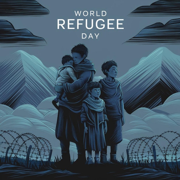 um cartaz para o Dia Mundial dos Refugiados com fundo de montanhas e nuvens