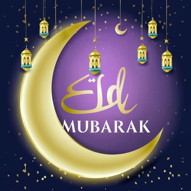 Foto um cartaz para o eid mubarak com um fundo roxo com uma lua amarela e uma estrela