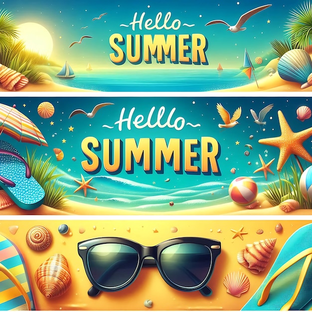 Foto um cartaz para o hello summer tem uma cena de praia com óculos de sol e óculos