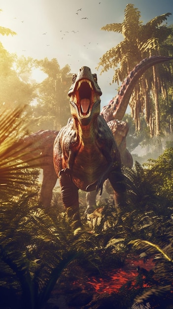 Foto um cartaz para o parque jurássico mostra at - rex.