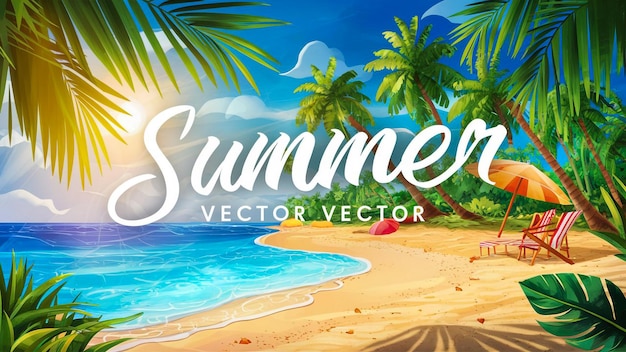 um cartaz para o verão em uma praia tropical com palmeiras e um guarda-chuva de praia