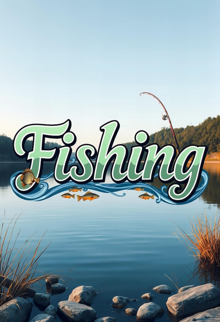 Foto um cartaz para pesca de pesca em um lago com um sinal que diz pesca