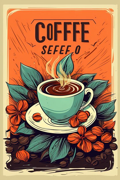 um cartaz para um café com uma foto de uma chávena de café