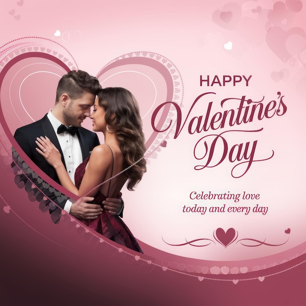 um cartaz para um casal com um fundo em forma de coração e um fundo rosa com um casal beijando
