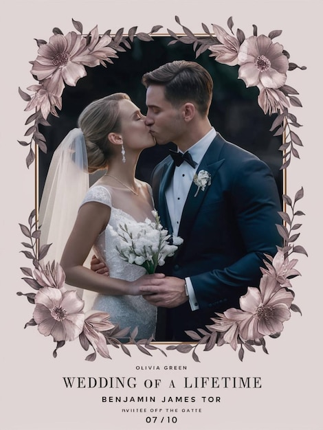 Foto um cartaz para um casamento com um casal a beijar-se