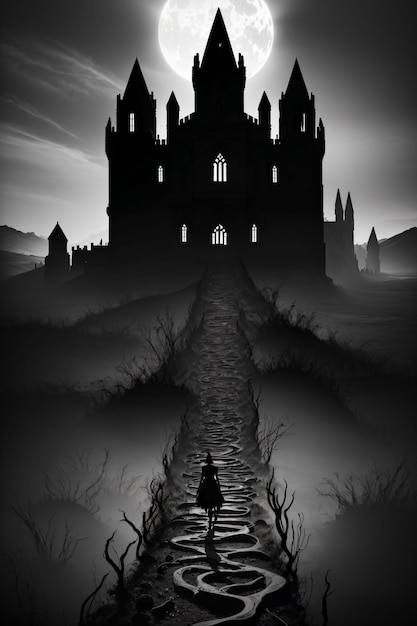 Foto um cartaz para um castelo com a silhueta de uma pessoa andando na frente dele.