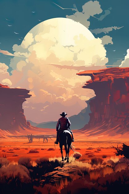 um cartaz para um cowboy montando um cavalo no deserto