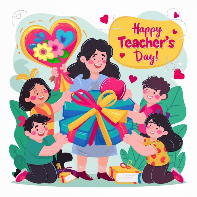 um cartaz para um dia dos professores saudações com um monte de corações e flores