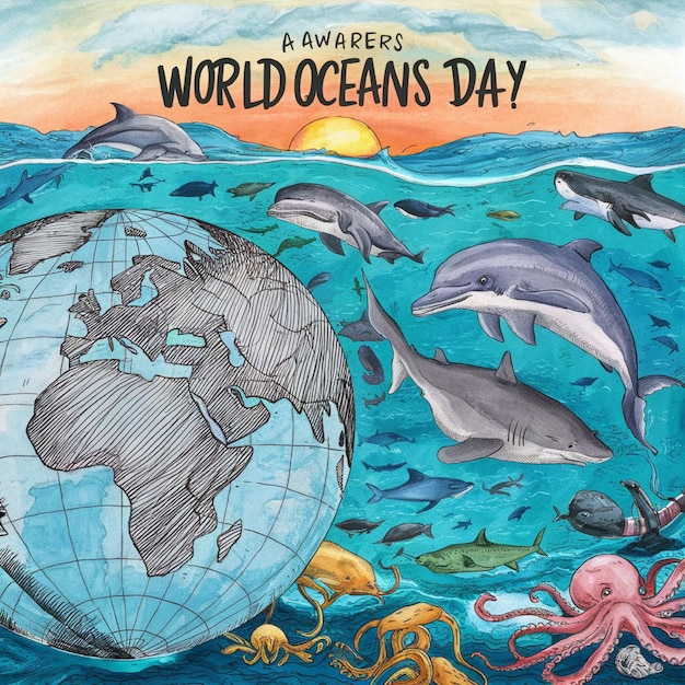 um cartaz para um dia mundial com um mundo de oceanos