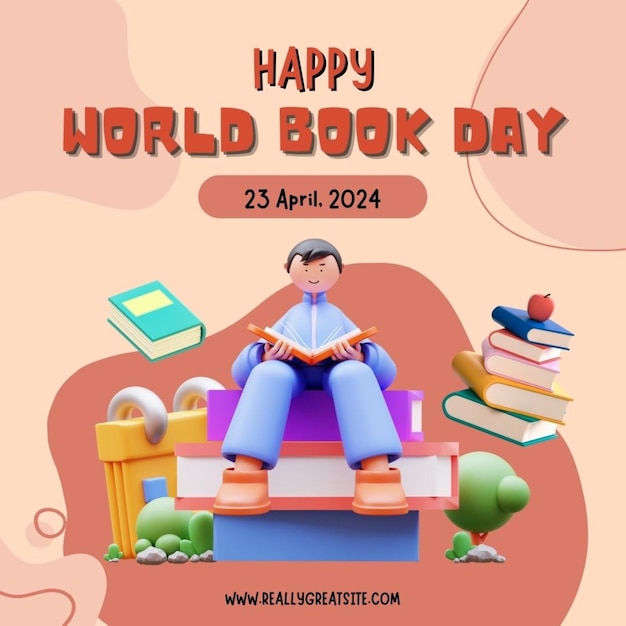 um cartaz para um dia mundial do livro com um homem lendo o dia mundial