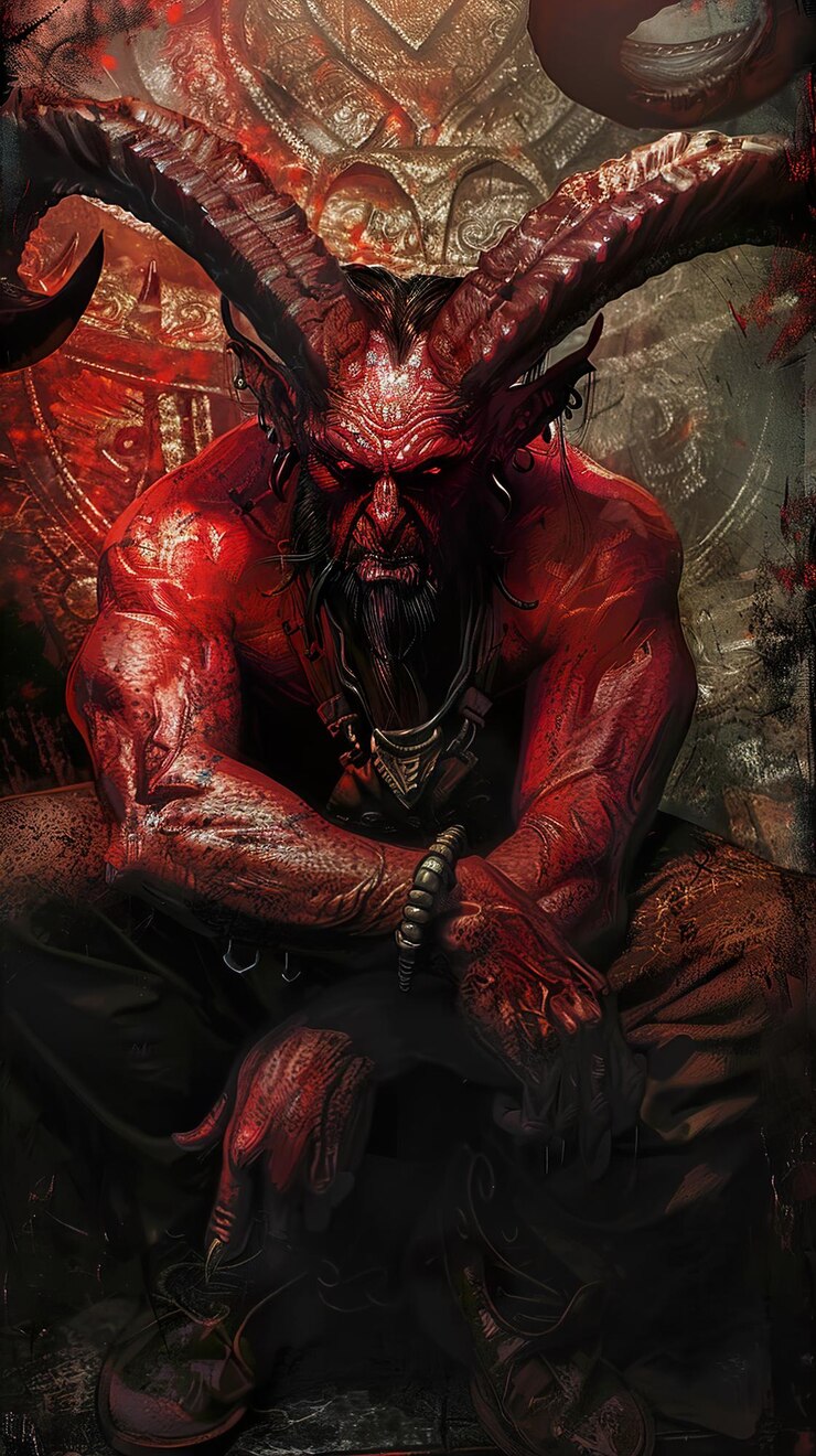 Foto um cartaz para um diabo com uma cabeça vermelha e um dragão preto na parte de trás