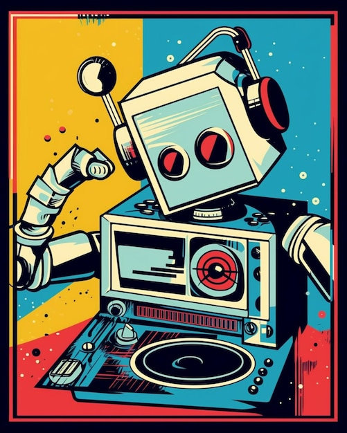 Um cartaz para um dj robô com uma cabeça vermelha e um fundo amarelo e azul.