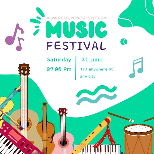 um cartaz para um festival de música com um fundo verde com um sinal que diz festival de música nele