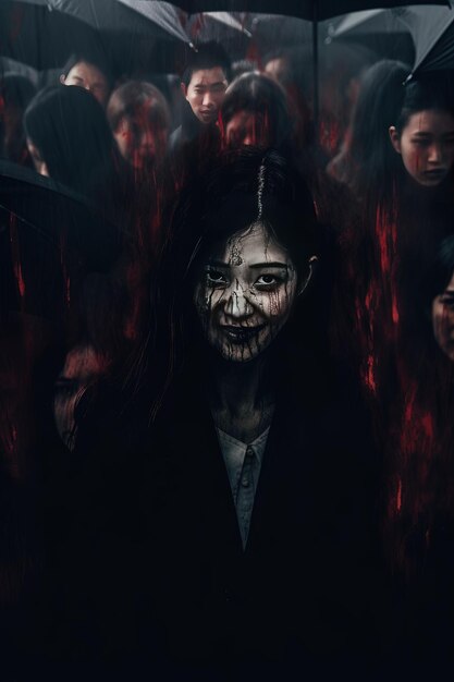Foto um cartaz para um filme de terror com uma mulher em um fundo escuro