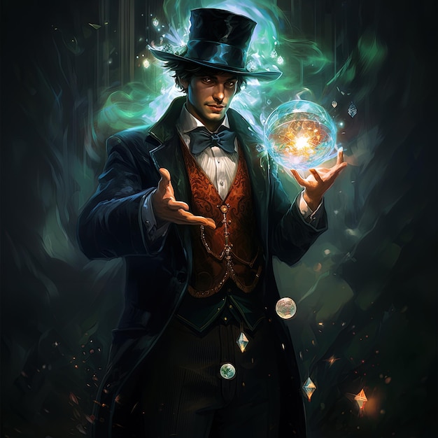 Foto um cartaz para um homem com uma bola mágica na mão