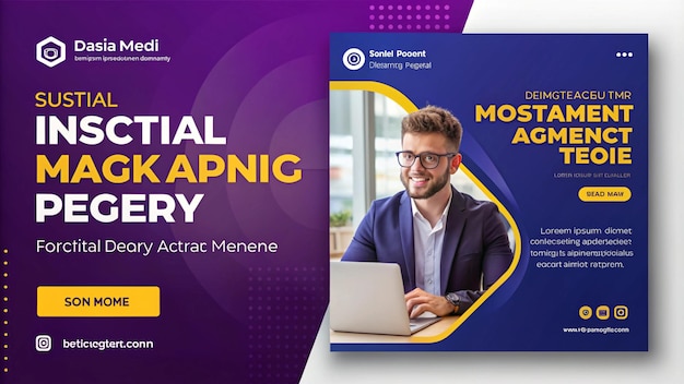 um cartaz para um homem usando um laptop com uma foto dele nele
