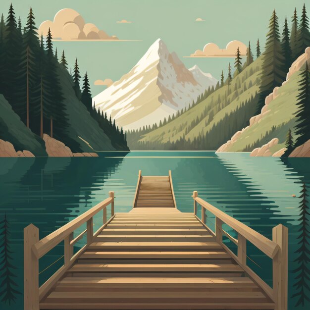 Um cartaz para um lago com uma doca e uma doca com uma montanha ao fundo.
