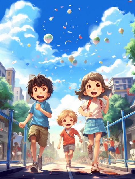 um cartaz para um parque infantil com um menino e uma menina com uma camisa vermelha.