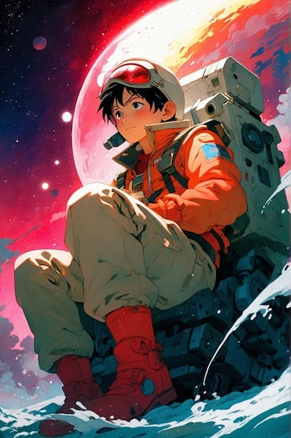 um cartaz para um personagem de anime com um fato espacial nele