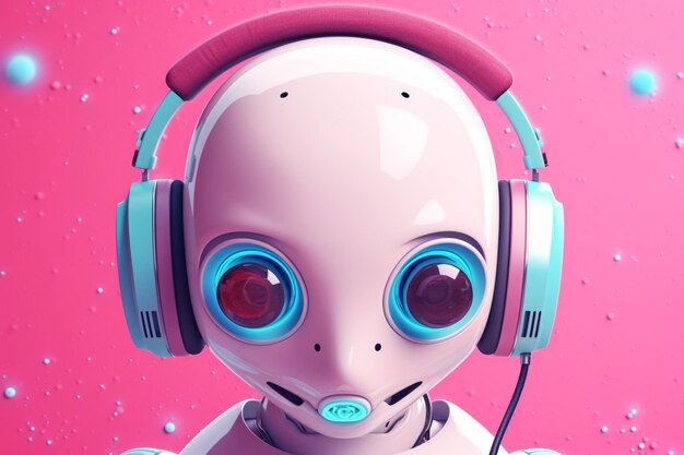Um cartaz para um robô com um fone de ouvido rosa