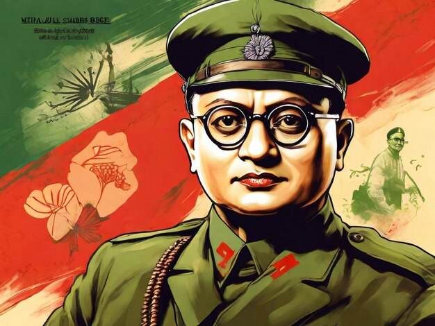 Foto um cartaz para um soldado com óculos e um fundo vermelho e verde