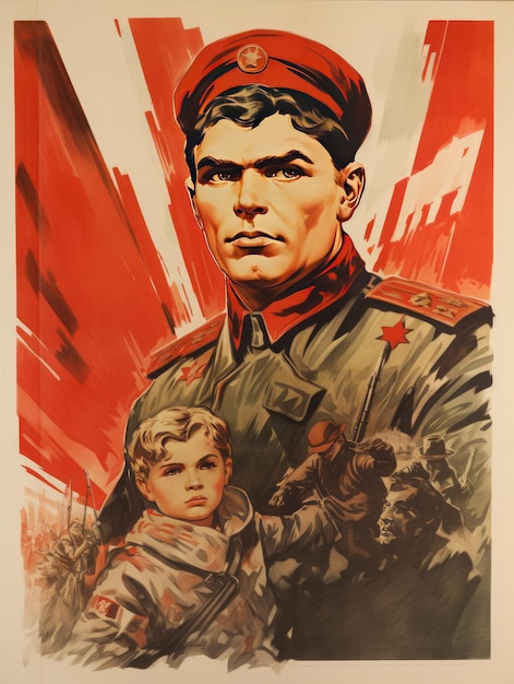 Um cartaz para um soldado com um fundo vermelho com um menino em um uniforme militar.