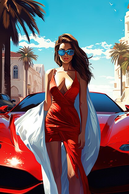 Um cartaz para um super-herói com um vestido vermelho e um lenço branco