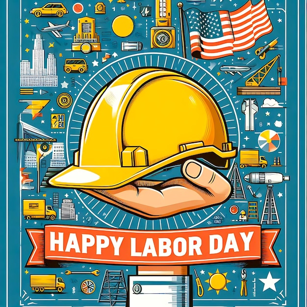 Um cartaz para um trabalhador da construção segurando um chapéu duro que diz feliz dia do trabalho