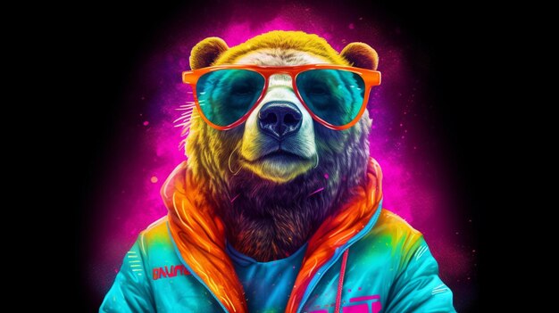 Um cartaz para um urso com uma jaqueta de néon e óculos de sol