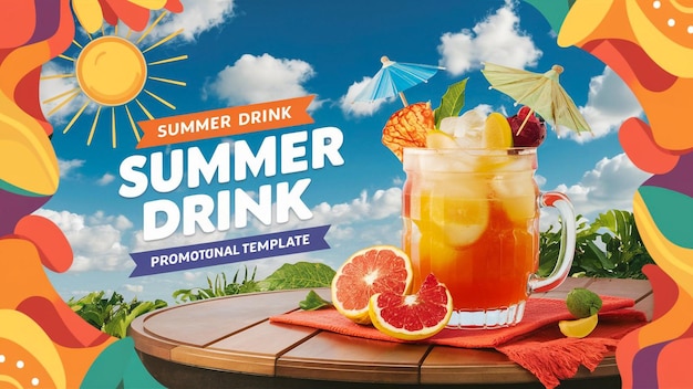 um cartaz para uma bebida de verão com uma foto de uma bebida nele