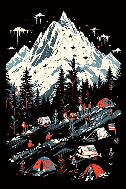 um cartaz para uma cabana com uma montanha no fundo