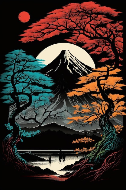 Um cartaz para uma cena de montanha japonesa com um lago e uma montanha ao fundo.