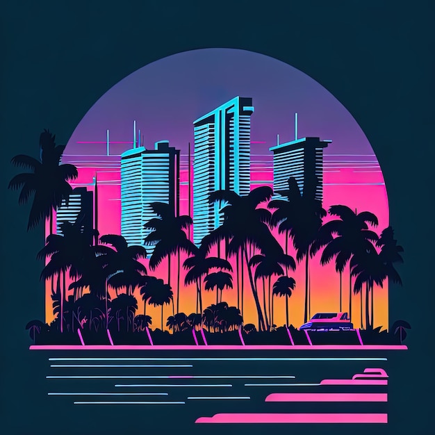 Um cartaz para uma cidade com um sinal de néon que diz 'city of miami'