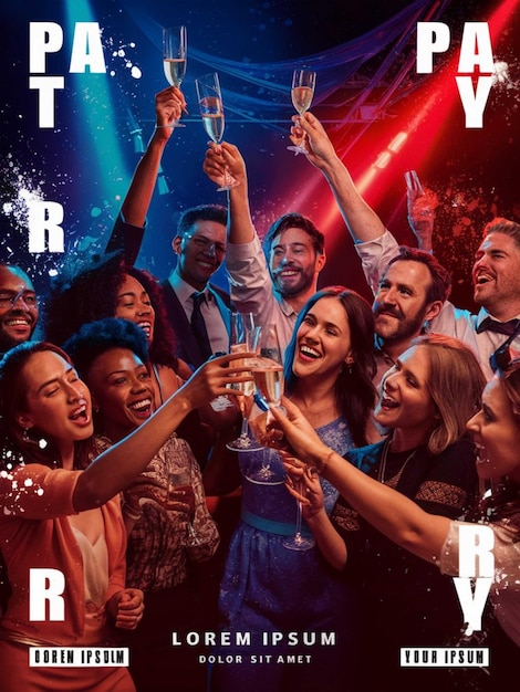 Foto um cartaz para uma festa com pessoas celebrando com copos de champanhe