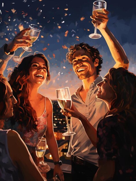 Um cartaz para uma festa de réveillon com um casal comemorando e comemorando com champanhe.