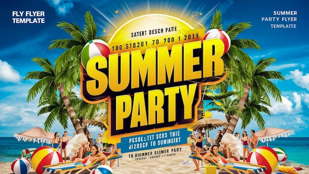 um cartaz para uma festa de verão com palmeiras e uma bola de praia