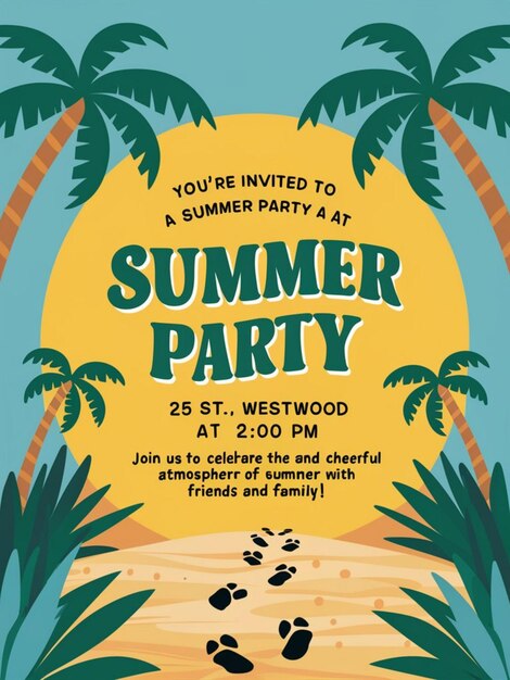 Foto um cartaz para uma festa de verão com palmeiras e uma cena de praia