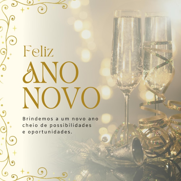 um cartaz para uma festa de véspera de Ano Novo com copos de champanhe