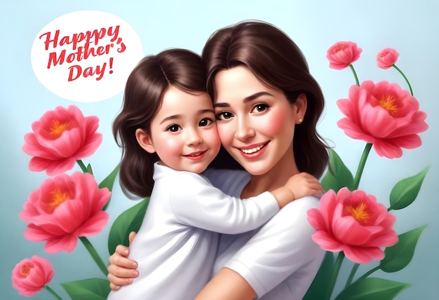 um cartaz para uma mãe e filha com tulipas e uma mãe feliz