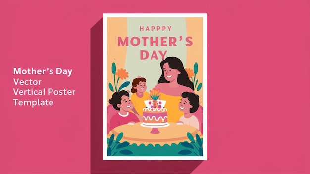 um cartaz para uma mãe e seus filhos com um bolo de aniversário
